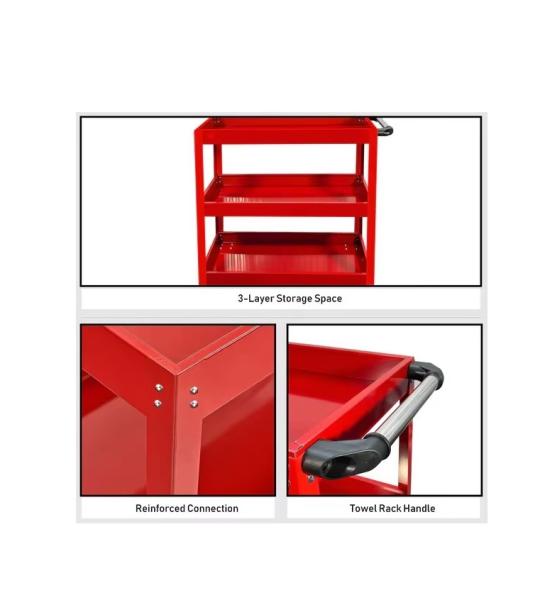 HUKUMS 3 Tray Tool Trolley with Wheels | Heavy Duty Metal Utility Cart for Garage & Workshop