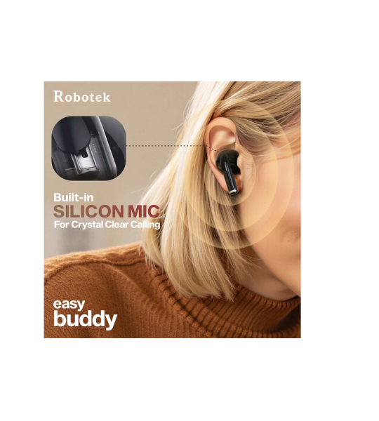 Robotek Easy Buddy EarPods | Bluetooth V5.4, 32 Hours Playtime, Low Latency Gaming Earbuds, HD Mic